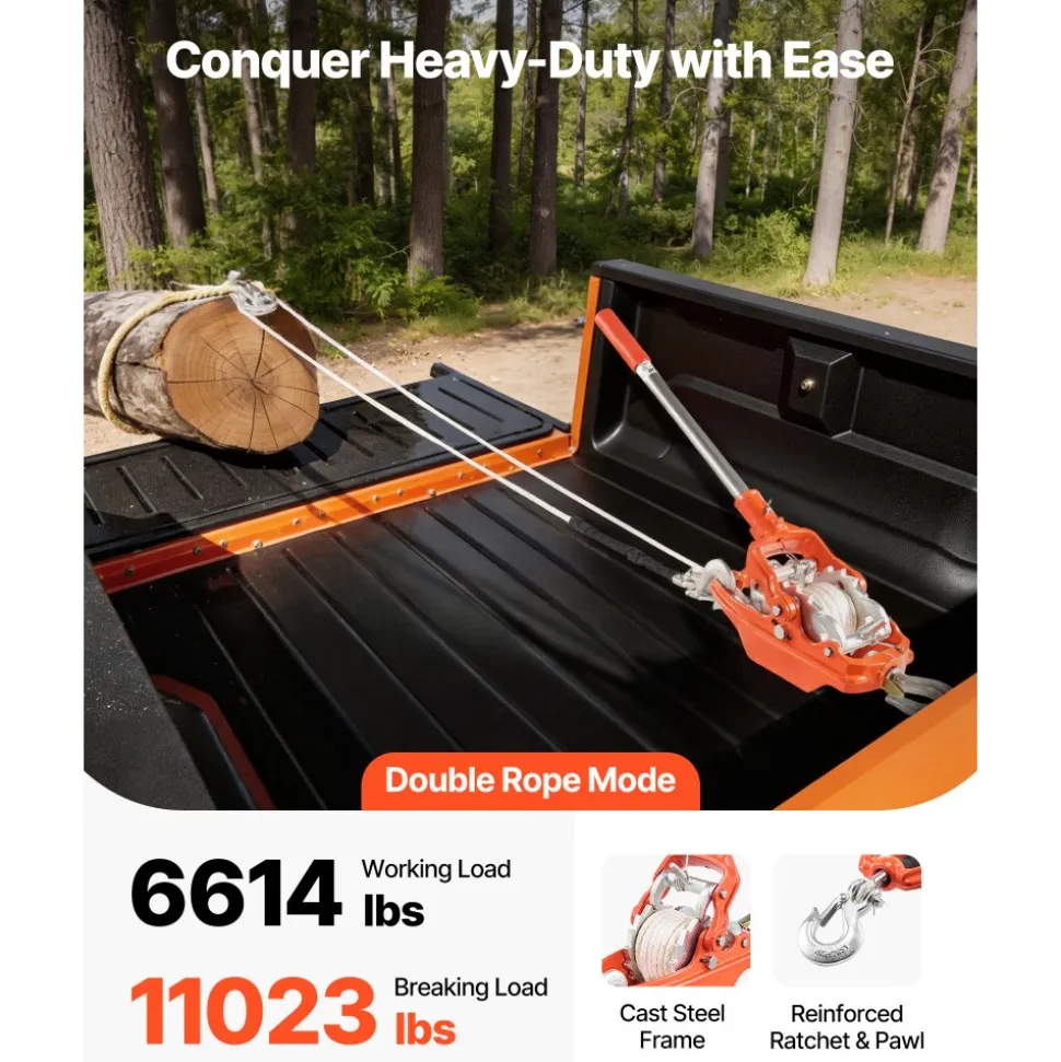 VEVOR Rope Puller, 6614 lbs Pulling Capacity, Heavy Duty Ratchet Power Puller Tool with 35 ft of 0.3 in Diameter Rope & 2 Hooks, Come Along Winch for Tree Felling, Moving Boats, Road Recovery