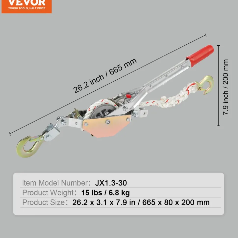 VEVOR Rope Puller, 3/4 Ton (1,653 lbs) Pulling Capacity, with 100' of 0.6" dia. Rope, 2 Hook, Come Along Winch, Heavy Duty Ratchet Power Puller Tool for Moving Boats, Securing Items, Transporting Logs