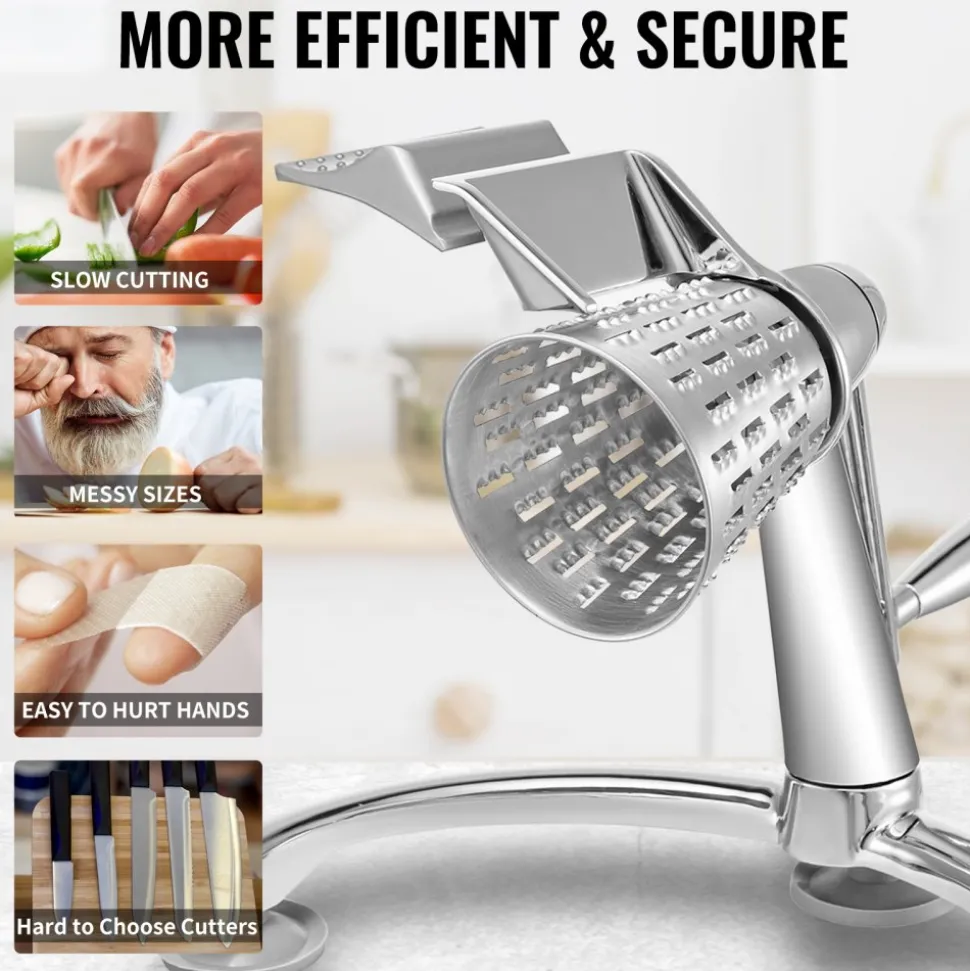 VEVOR Rotary Cheese Grater, Zinc Alloy Rotary Vegetable Mandoline, Manual Cheese Mandoline with 5 Stainless Steel Cutting Cones, Manual Vegetable Grater with 2.5L Bowl, Rotary Shredder with Suction Ba