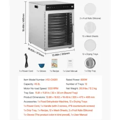 VEVOR Rotary Food Dehydrator Machine, 12 Stainless Steel Trays, 800W Electric Food Dryer with Adjustable Temp & 24-Hour Timer, Food-Dehydrator for Jerky, Meat, Fruit, Vegetables, Herbs, Dog Treats