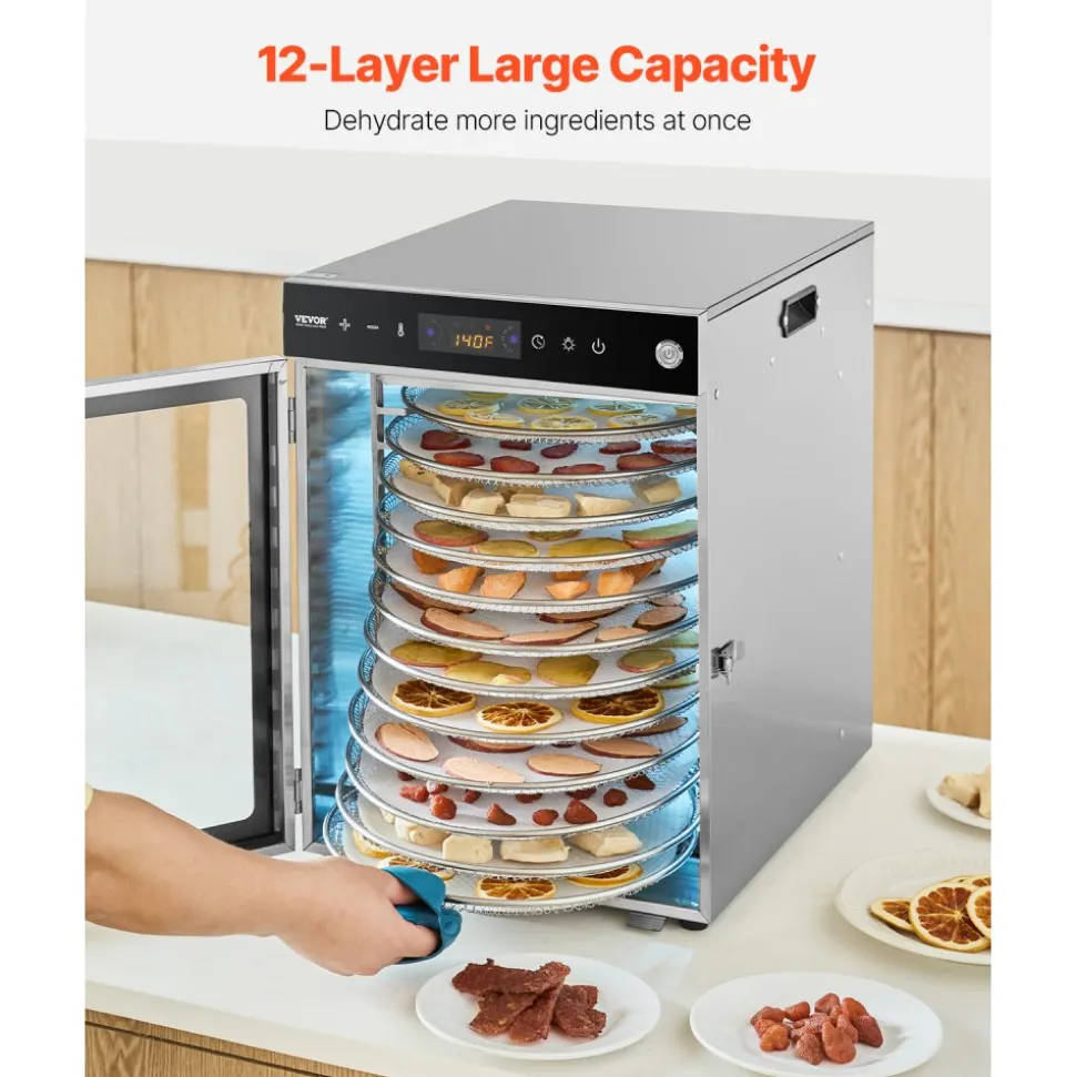 VEVOR Rotary Food Dehydrator Machine, 12 Stainless Steel Trays, 800W Electric Food Dryer with Adjustable Temp & 24-Hour Timer, Food-Dehydrator for Jerky, Meat, Fruit, Vegetables, Herbs, Dog Treats
