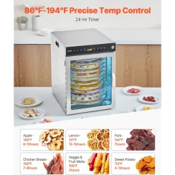 VEVOR Rotary Food Dehydrator Machine, 12 Stainless Steel Trays, 800W Electric Food Dryer with Adjustable Temp & 24-Hour Timer, Food-Dehydrator for Jerky, Meat, Fruit, Vegetables, Herbs, Dog Treats