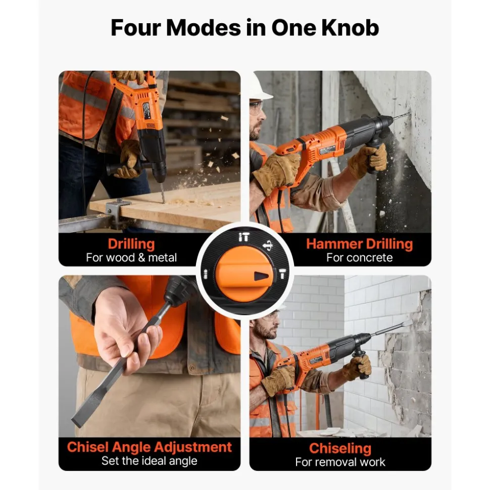 VEVOR Rotary Hammer Drill, 1-1/8 in SDS-Plus Electric Corded Heavy Duty Rotary Hammer, 4 Functions, Including 3 Drill Bits, Flat Chisel, Pointed Chisel, and Carrying Case, for Concrete and Masonry