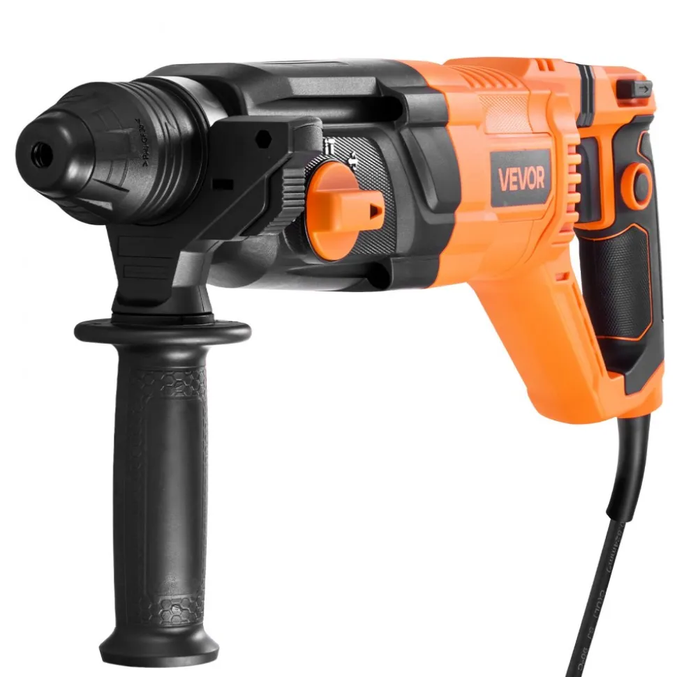 VEVOR Rotary Hammer Drill, 1-1/8 in SDS-Plus Electric Corded Heavy Duty Rotary Hammer, 4 Functions, Including 3 Drill Bits, Flat Chisel, Pointed Chisel, and Carrying Case, for Concrete and Masonry