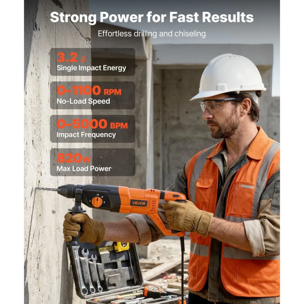 VEVOR Rotary Hammer Drill, 1-1/8 in SDS-Plus Electric Corded Heavy Duty Rotary Hammer, 4 Functions, Including 3 Drill Bits, Flat Chisel, Pointed Chisel, and Carrying Case, for Concrete and Masonry