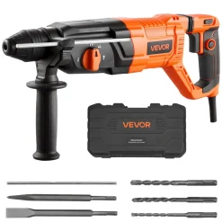 VEVOR Rotary Hammer Drill, 1-1/8 in SDS-Plus Electric Corded Heavy Duty Rotary Hammer, 4 Functions, Including 3 Drill Bits, Flat Chisel, Pointed Chisel, and Carrying Case, for Concrete and Masonry