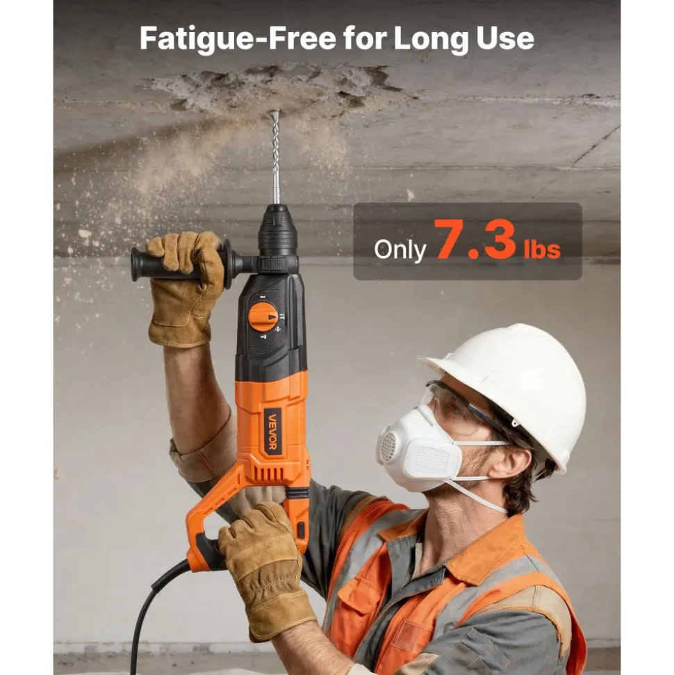 VEVOR Rotary Hammer Drill, 1-1/8 in SDS-Plus Electric Corded Heavy Duty Rotary Hammer, 4 Functions, Including 3 Drill Bits, Flat Chisel, Pointed Chisel, and Carrying Case, for Concrete and Masonry