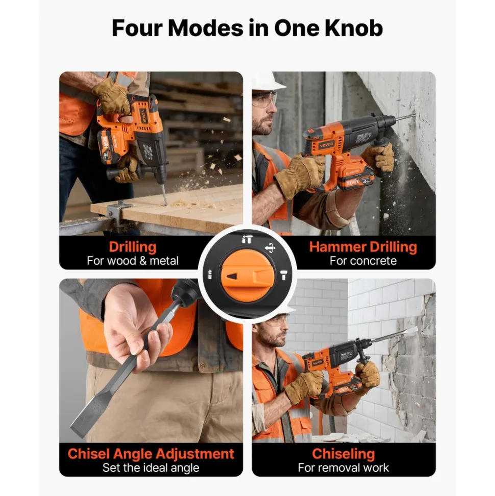 VEVOR Rotary Hammer Drill, 7/8 in SDS-Plus Cordless, 20V Battery Powered Rotary Hammer, Brushless, Including Battery, Charger, 3 Drill Bits, Flat Chisel, Pointed Chisel, Carrying Case, for Concrete