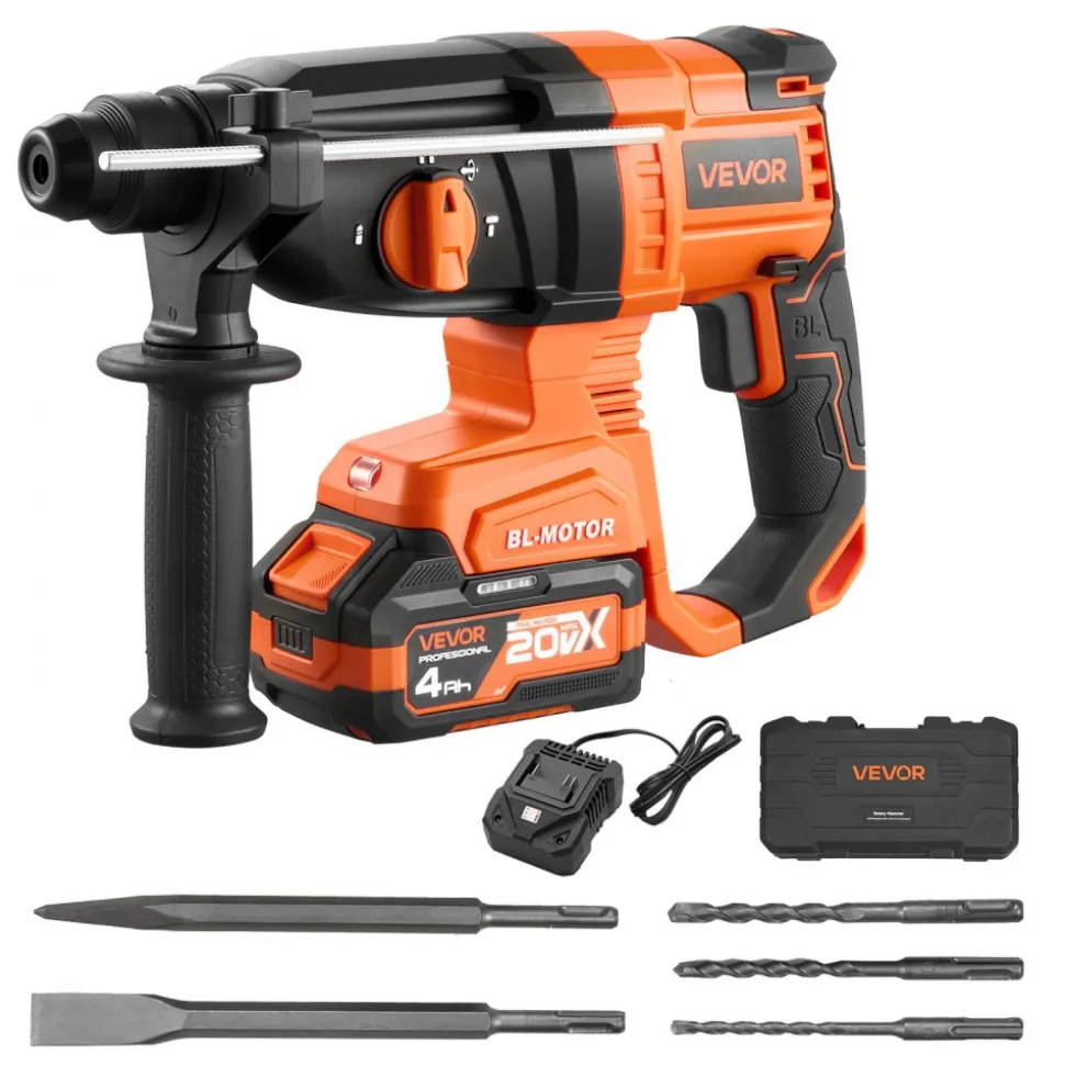 VEVOR Rotary Hammer Drill, 7/8 in SDS-Plus Cordless, 20V Battery Powered Rotary Hammer, Brushless, Including Battery, Charger, 3 Drill Bits, Flat Chisel, Pointed Chisel, Carrying Case, for Concrete