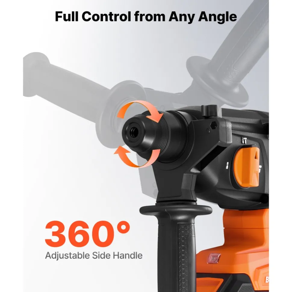 VEVOR Rotary Hammer Drill, 7/8 in SDS-Plus Cordless, 20V Battery Powered Rotary Hammer, Brushless, Including Battery, Charger, 3 Drill Bits, Flat Chisel, Pointed Chisel, Carrying Case, for Concrete