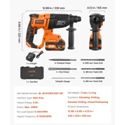 VEVOR Rotary Hammer Drill, 7/8 in SDS-Plus Cordless, 20V Battery Powered Rotary Hammer, Brushless, Including Battery, Charger, 3 Drill Bits, Flat Chisel, Pointed Chisel, Carrying Case, for Concrete