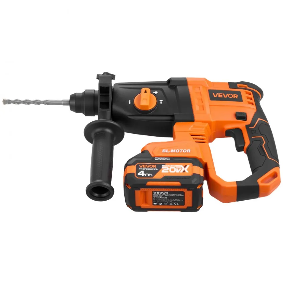 VEVOR Rotary Hammer Drill, 7/8 in SDS-Plus Cordless, 20V Battery Powered Rotary Hammer, Brushless, Including Battery, Charger, 3 Drill Bits, Flat Chisel, Pointed Chisel, Carrying Case, for Concrete