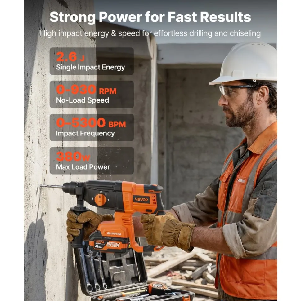 VEVOR Rotary Hammer Drill, 7/8 in SDS-Plus Cordless, 20V Battery Powered Rotary Hammer, Brushless, Including Battery, Charger, 3 Drill Bits, Flat Chisel, Pointed Chisel, Carrying Case, for Concrete