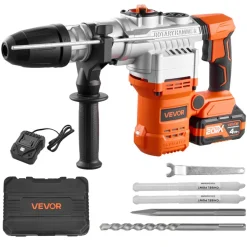 VEVOR Rotary Hammer Drill, 1-9/16 in SDS-Max Cordless, Heavy Duty 20V Battery Powered Rotary Hammer, Including 2 Batteries, Charger, Drill Bit, Pointed Chisel, Carrying Case, for Concrete, Masonry