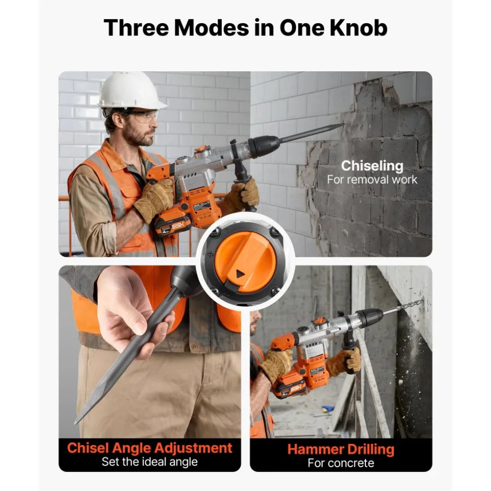 VEVOR Rotary Hammer Drill, 1-9/16 in SDS-Max Cordless, Heavy Duty 20V Battery Powered Rotary Hammer, Including 2 Batteries, Charger, Drill Bit, Pointed Chisel, Carrying Case, for Concrete, Masonry
