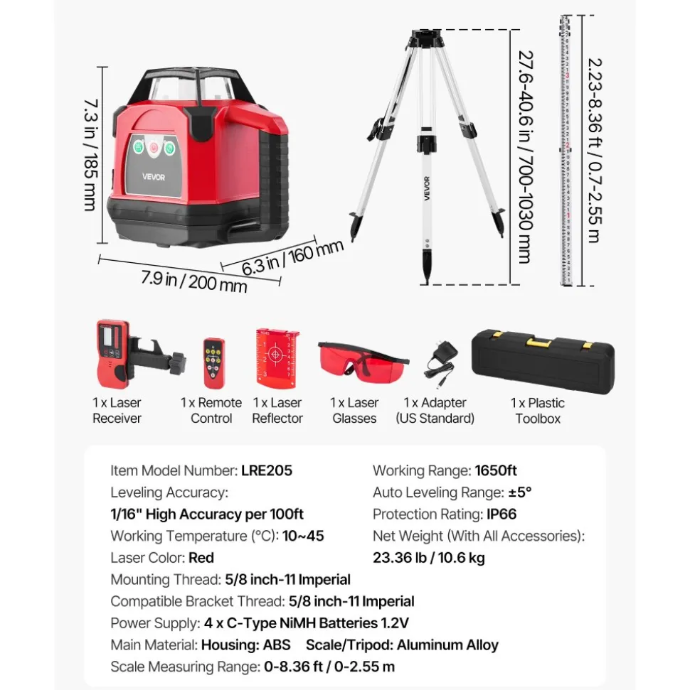 VEVOR Rotary Laser Level Kit, 1650ft 360-Degree Self Leveling Red Horizontal Laser Transit,with Heavy-duty Tripod, Receiver, Remote Control, Toolcase, IP54 Waterproof, 0.06 in/100 ft for Construction