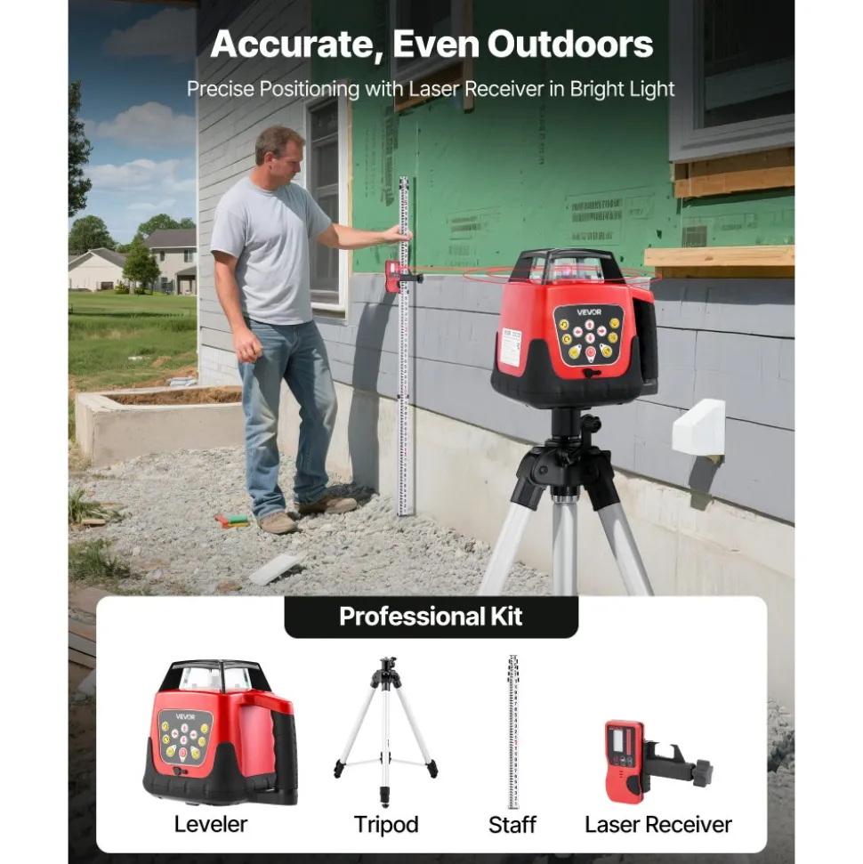 VEVOR Rotary Laser Level Kit, 1650ft 360-Degree Self Leveling Red Horizontal Laser Transit,with Tripod,Receiver,Remote Control, Scale,Toolcase, IP66 Waterproof, 0.80in/100ft Precision for Construction