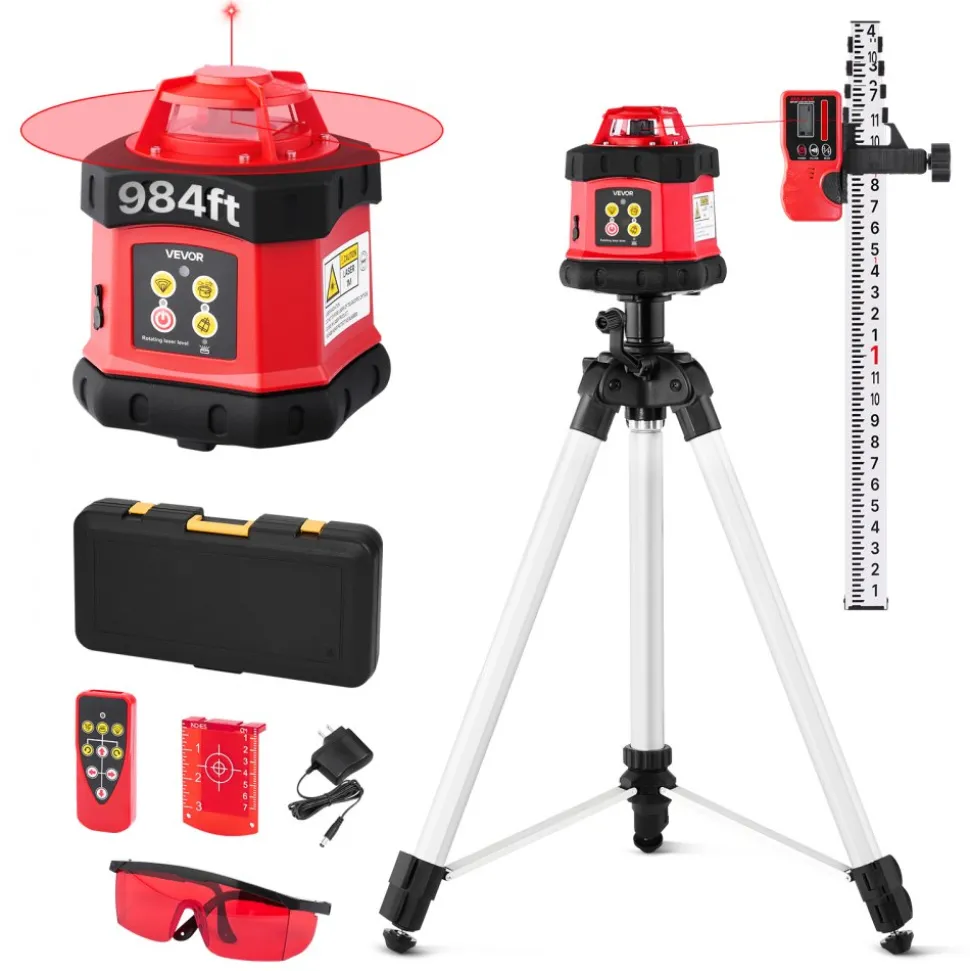 VEVOR Rotary Laser Level Kit, 984ft 360-Degree Self Leveling Red Horizontal Laser Transit,with Tripod,Receiver,Remote Control, Scale, Toolcase, IP54 Waterproof, 0.12in/100ft Precision for Construction
