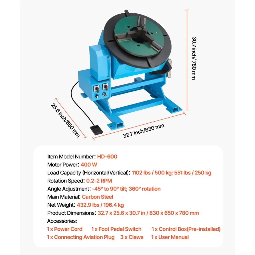 VEVOR Rotary Welding Positioner, 1102 lbs Load Capacity, -45° to 90° Tilt Angle Welding Positioner Turntable Table, 0.2-2 RPM Speed Control, Electric and Foot Pedal, for Cutting, Grinding, Assembly