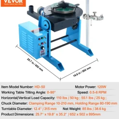 VEVOR Rotary Welding Positioner 50KG, 0-90° Welding Positioning Turntable Table 0.5-6RPM 120W, with 12.4 Inch 3-Jaw Lathe Chuck & Welding Torch Stand Holder for Cutting, Grinding, Assembly, Testing
