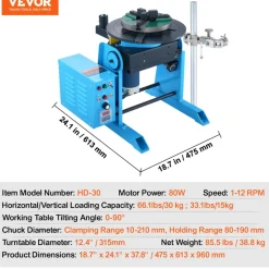 VEVOR Rotary Welding Positioner 66LBS / 30KG, 0-90° Welding Positioning Turntable Table 1-12RPM 80W, with 12.4 Inch 3-Jaw Lathe Chuck & Welding Torch Stand Holder for Cutting, Grinding, Assembly
