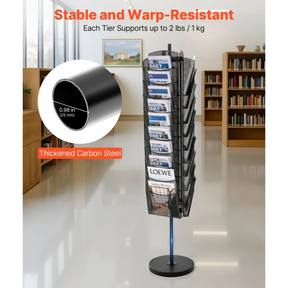 VEVOR Rotating Brochure Display Rack, 30 Pockets Mesh Magazine Literature Display Stand, Portable Floor Standing Magazine Rack, Metal Newspaper Catalog Holders for Shop Exhibitions Office Trade Show