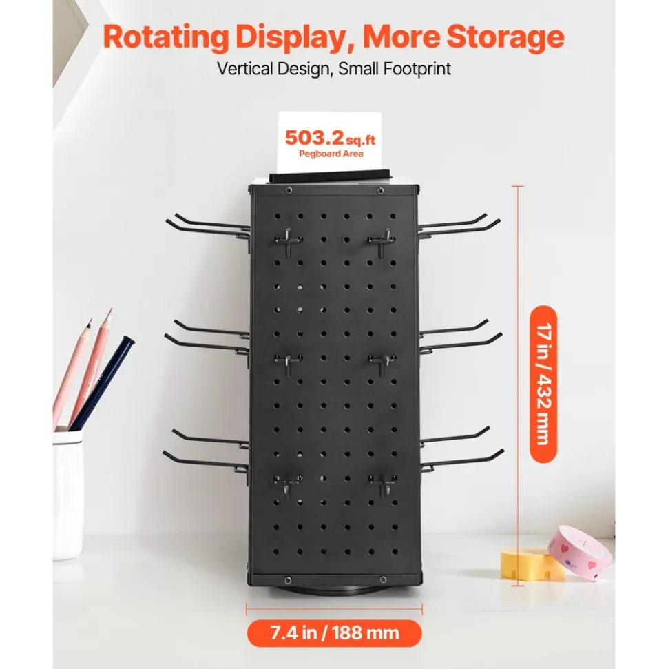 VEVOR Rotating Pegboard Display Stand, 7.4 x 7.4 x 17 in 4-Sided Spinning Peg Board Display with 24 Hooks, Thickened Cold-Rolled Steel Craft Rack Organizer for Grocery Retail Store Jewelry Shop, Black
