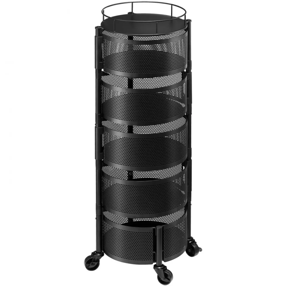 VEVOR Rotating Storage Rack Cart, 5 Tier Fruit and Vegetable Basket Bowls, Heavy Duty Wire Basket Organizer on Wheels, Large Capacity Stand with Metal Top Lid, for Kitchen Bathroom Nursery, Black