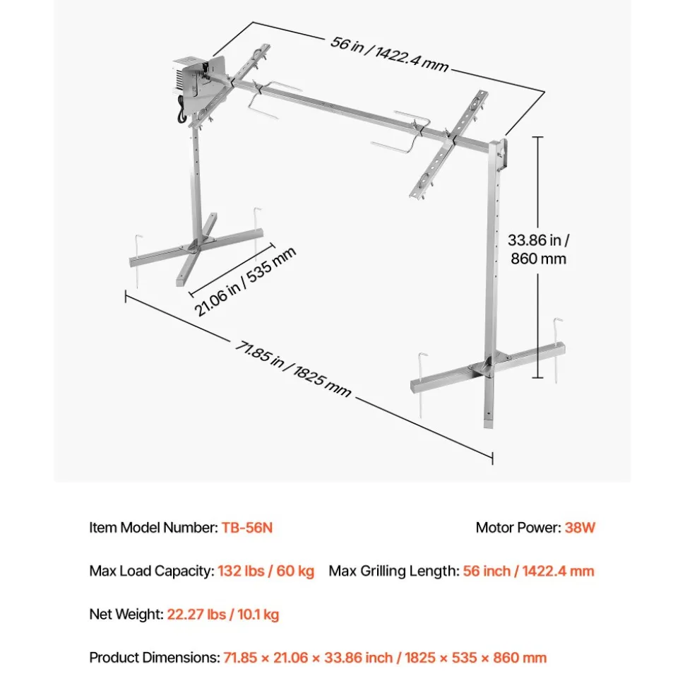 VEVOR Rotisserie Grill, AC120V 8 Level Height Electric Rotisserie Grill Kit, BBQ Grills Rotisseries Kit with 132 lbs Load Capacity, 38W Motor, Stainless Steel Automatic Grilling Kits for Parties