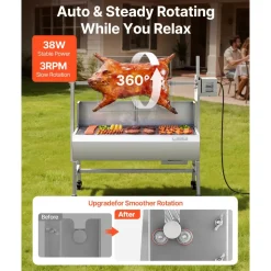 VEVOR Rotisserie Grill, 38W BBQ Outdoor Pig & Lamb Spit Roaster, Charcoal Spit Roaster with 132 LBS Load Capacity & 7-Level Height, Stainless Steel Electric Rotisserie Grill Kit for Camping Outdoor