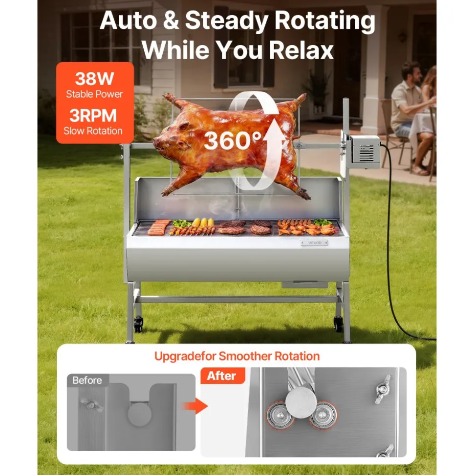 VEVOR Rotisserie Grill, 38W BBQ Outdoor Pig & Lamb Spit Roaster, Charcoal Spit Roaster with 132 LBS Load Capacity & 7-Level Height, Stainless Steel Electric Rotisserie Grill Kit for Camping Outdoor