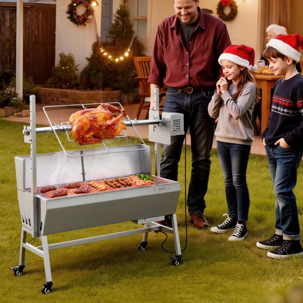VEVOR Rotisserie Grill, 38W BBQ Outdoor Pig & Lamb Spit Roaster, Charcoal Spit Roaster with 132 LBS Load Capacity & 7-Level Height, Stainless Steel Electric Rotisserie Grill Kit for Camping Outdoor