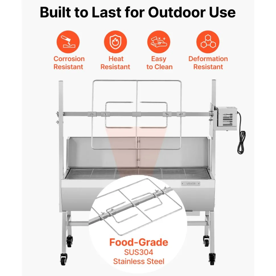 VEVOR Rotisserie Grill, 38W BBQ Outdoor Pig & Lamb Spit Roaster, Charcoal Spit Roaster with 132 LBS Load Capacity & 7-Level Height, Stainless Steel Electric Rotisserie Grill Kit for Camping Outdoor