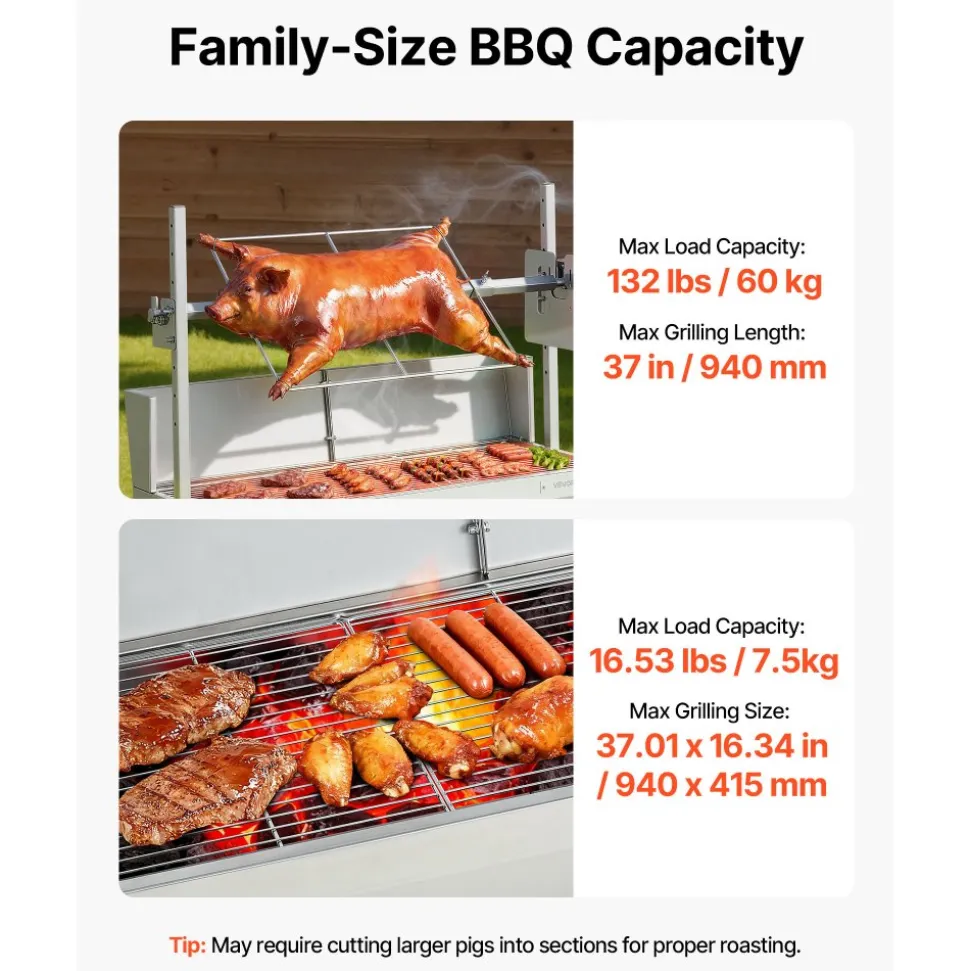 VEVOR Rotisserie Grill, 38W BBQ Outdoor Pig & Lamb Spit Roaster, Charcoal Spit Roaster with 132 LBS Load Capacity & 7-Level Height, Stainless Steel Electric Rotisserie Grill Kit for Camping Outdoor