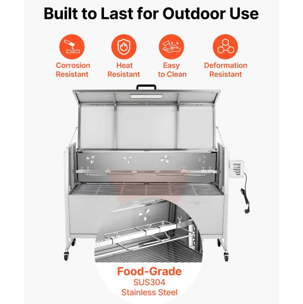 VEVOR Rotisserie Grill, 38W BBQ Outdoor Pig & Lamb Spit Roaster, Charcoal Spit Roaster with 132 LBS Capacity, Wheels & 4-Level Height, Stainless Steel Electric Rotisserie Grill Kit for Camping Outdoor