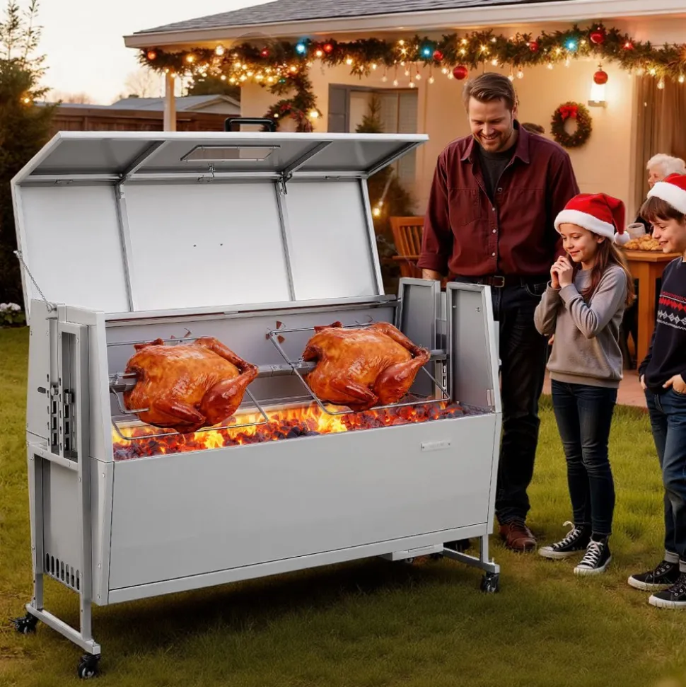 VEVOR Rotisserie Grill, 38W BBQ Outdoor Pig & Lamb Spit Roaster, Charcoal Spit Roaster with 132 LBS Capacity, Wheels & 4-Level Height, Stainless Steel Electric Rotisserie Grill Kit for Camping Outdoor