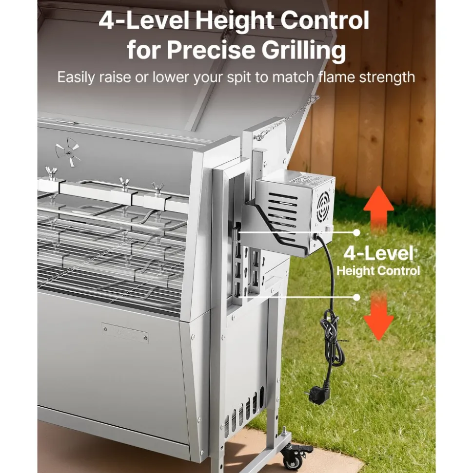 VEVOR Rotisserie Grill, 38W BBQ Outdoor Pig & Lamb Spit Roaster, Charcoal Spit Roaster with 132 LBS Capacity, Wheels & 4-Level Height, Stainless Steel Electric Rotisserie Grill Kit for Camping Outdoor