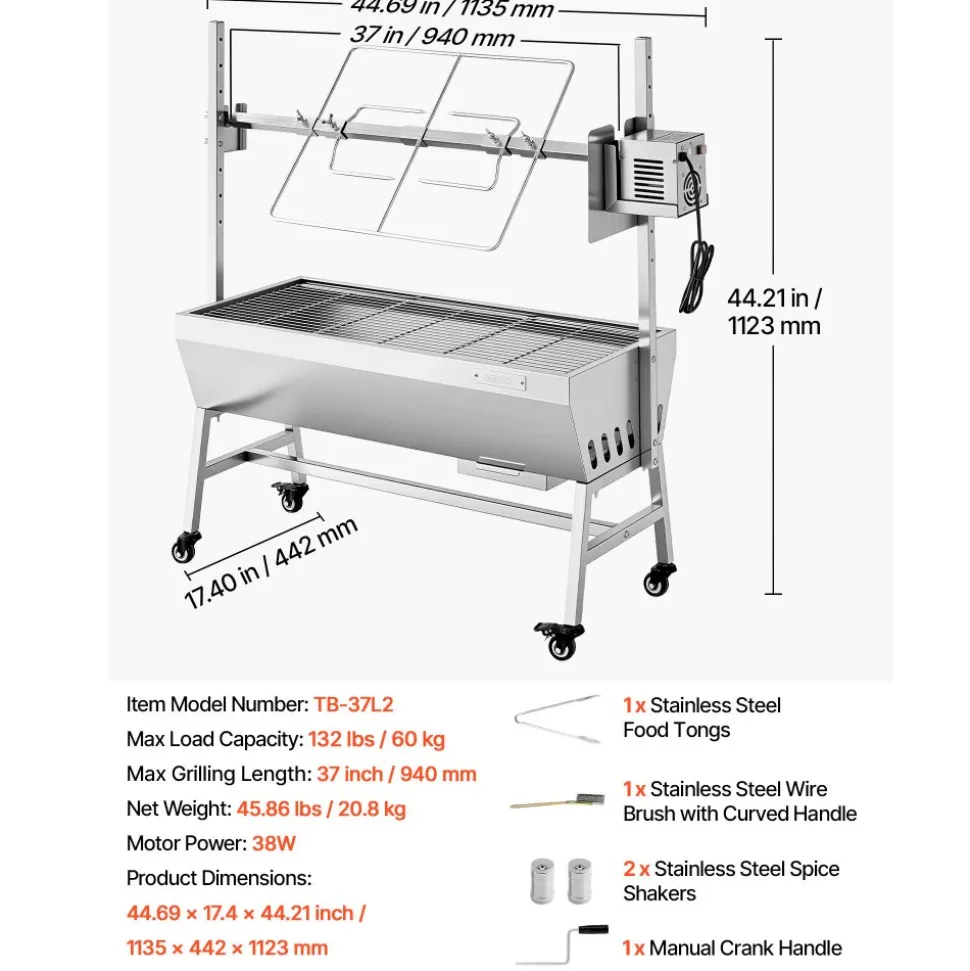VEVOR Rotisserie Grill, 38W BBQ Outdoor Pig & Lamb Spit Roaster, Charcoal Spit Roaster with 132 LBS Capacity, Wheels & 7-Level Height, Stainless Steel Electric Rotisserie Grill Kit for Camping Outdoor