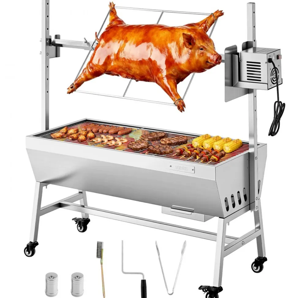 VEVOR Rotisserie Grill, 38W BBQ Outdoor Pig & Lamb Spit Roaster, Charcoal Spit Roaster with 132 LBS Capacity, Wheels & 7-Level Height, Stainless Steel Electric Rotisserie Grill Kit for Camping Outdoor