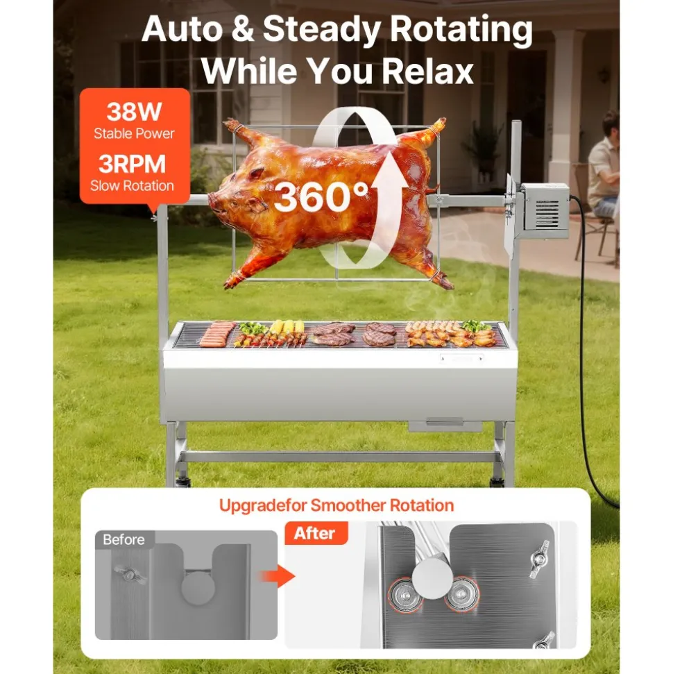 VEVOR Rotisserie Grill, 38W BBQ Outdoor Pig & Lamb Spit Roaster, Charcoal Spit Roaster with 132 LBS Capacity, Wheels & 7-Level Height, Stainless Steel Electric Rotisserie Grill Kit for Camping Outdoor