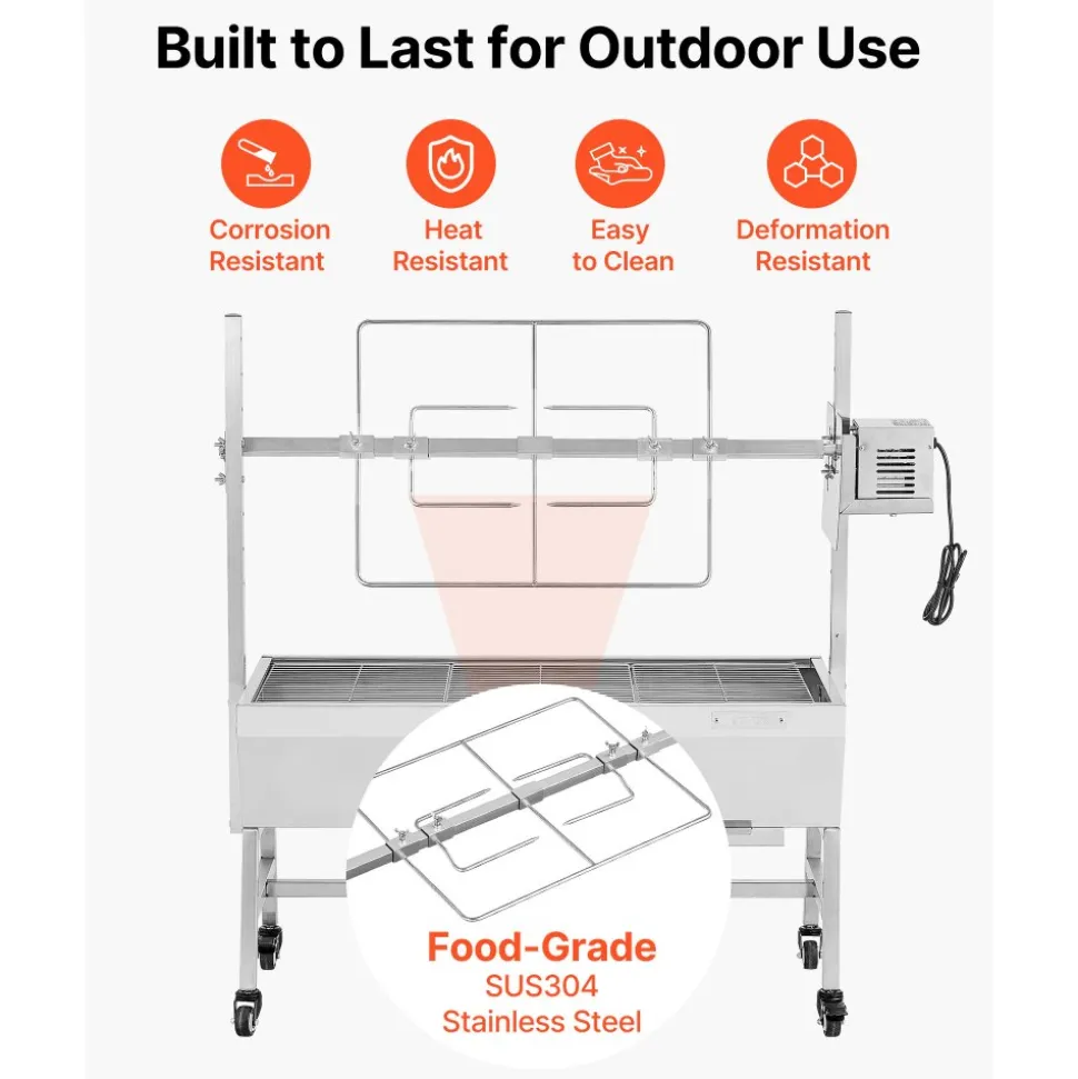 VEVOR Rotisserie Grill, 38W BBQ Outdoor Pig & Lamb Spit Roaster, Charcoal Spit Roaster with 132 LBS Capacity, Wheels & 7-Level Height, Stainless Steel Electric Rotisserie Grill Kit for Camping Outdoor