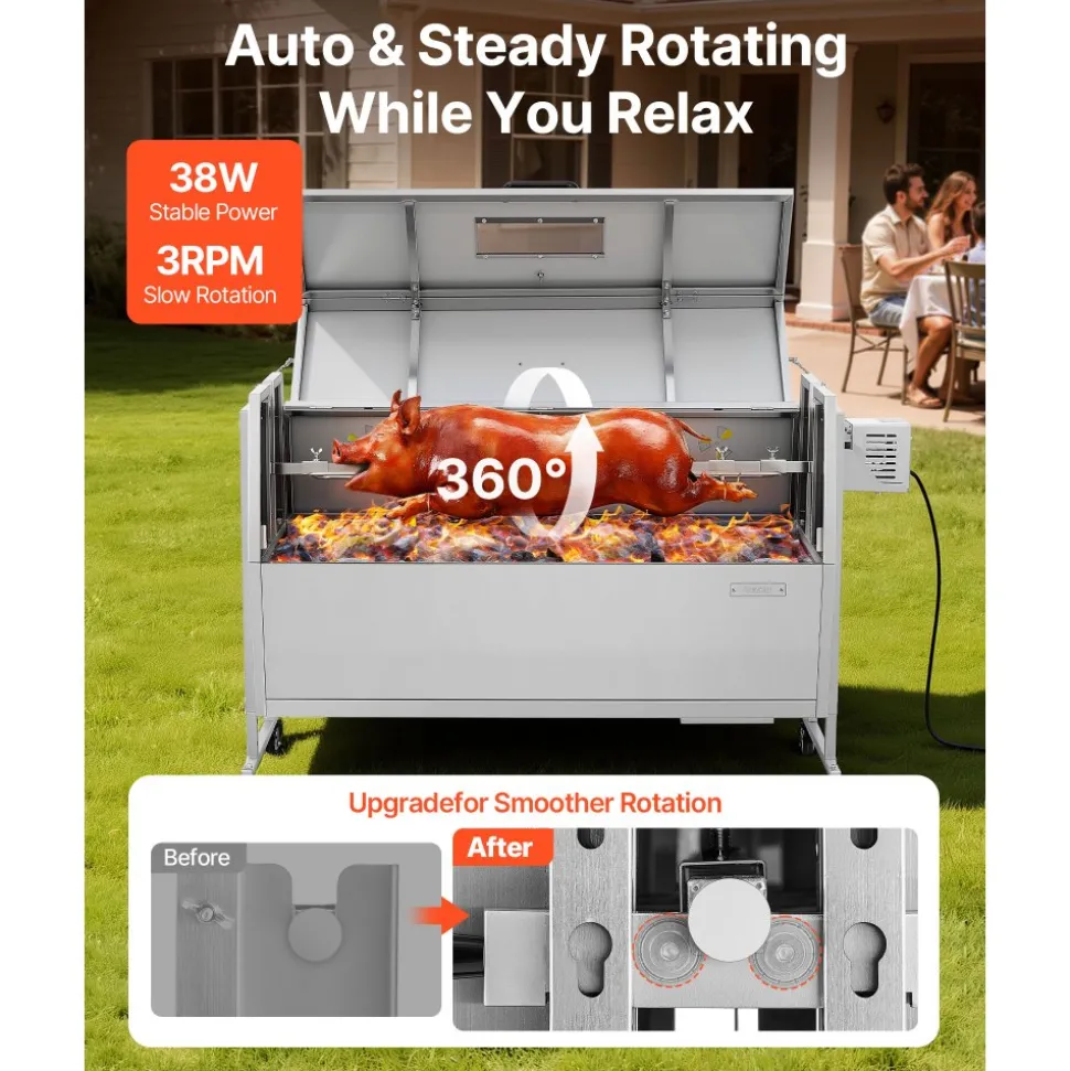 VEVOR Rotisserie Grill 38W BBQ Outdoor Pig & Lamb Spit Roaster, Charcoal Spit Roaster with 132 LBS Capacity, Wheels & 4-Level Height, Stainless Steel Rotisserie Grill Kit for Camping Outdoor Parties