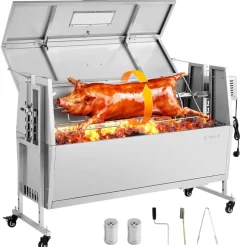 VEVOR Rotisserie Grill 38W BBQ Outdoor Pig & Lamb Spit Roaster, Charcoal Spit Roaster with 132 LBS Capacity, Wheels & 4-Level Height, Stainless Steel Rotisserie Grill Kit for Camping Outdoor Parties