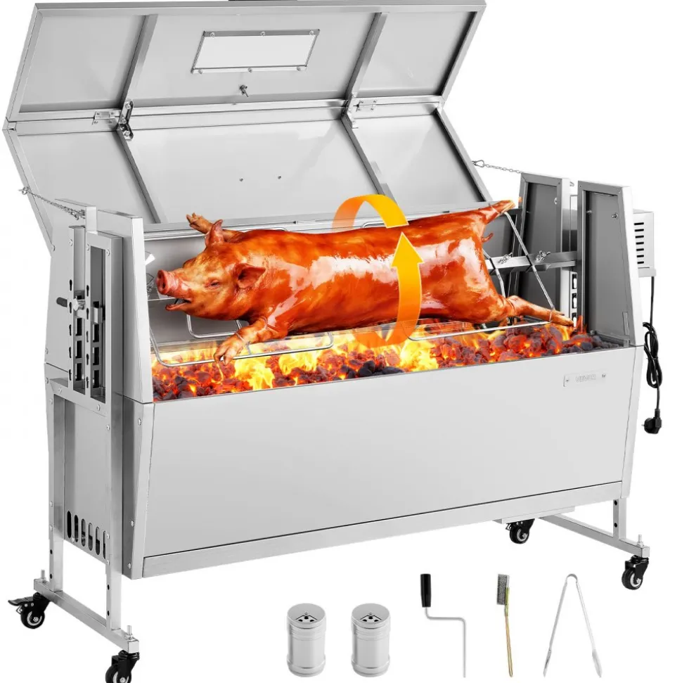 VEVOR Rotisserie Grill 38W BBQ Outdoor Pig & Lamb Spit Roaster, Charcoal Spit Roaster with 132 LBS Capacity, Wheels & 4-Level Height, Stainless Steel Rotisserie Grill Kit for Camping Outdoor Parties