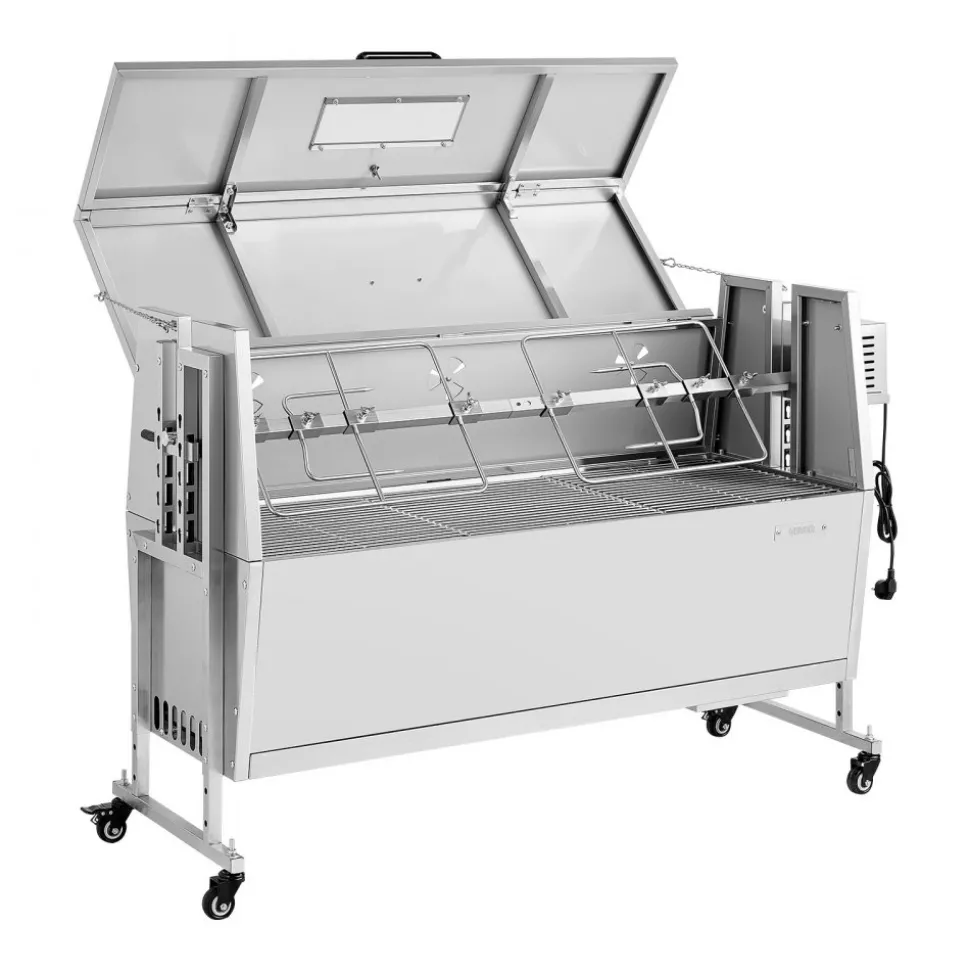 VEVOR Rotisserie Grill 38W BBQ Outdoor Pig & Lamb Spit Roaster, Charcoal Spit Roaster with 132 LBS Capacity, Wheels & 4-Level Height, Stainless Steel Rotisserie Grill Kit for Camping Outdoor Parties