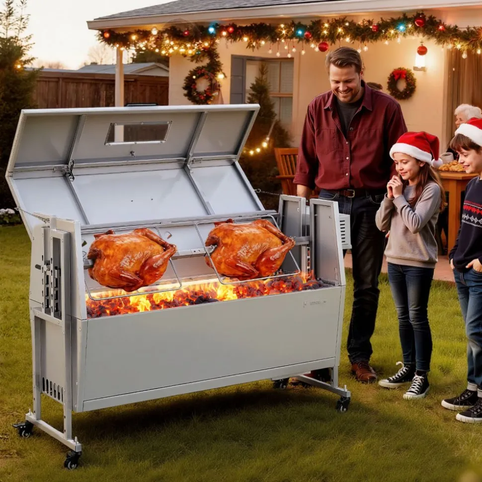VEVOR Rotisserie Grill 38W BBQ Outdoor Pig & Lamb Spit Roaster, Charcoal Spit Roaster with 132 LBS Capacity, Wheels & 4-Level Height, Stainless Steel Rotisserie Grill Kit for Camping Outdoor Parties