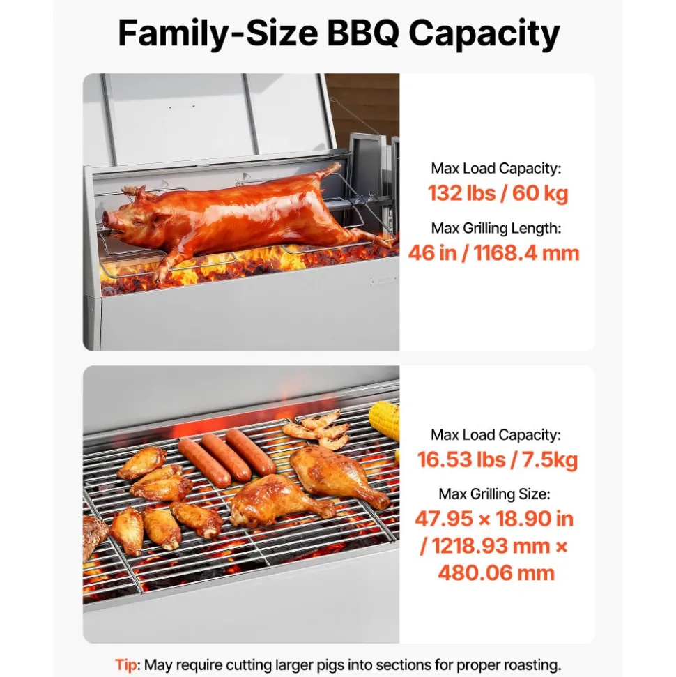 VEVOR Rotisserie Grill 38W BBQ Outdoor Pig & Lamb Spit Roaster, Charcoal Spit Roaster with 132 LBS Capacity, Wheels & 4-Level Height, Stainless Steel Rotisserie Grill Kit for Camping Outdoor Parties