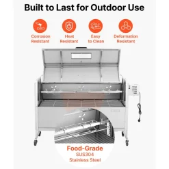 VEVOR Rotisserie Grill 38W BBQ Outdoor Pig & Lamb Spit Roaster, Charcoal Spit Roaster with 132 LBS Capacity, Wheels & 4-Level Height, Stainless Steel Rotisserie Grill Kit for Camping Outdoor Parties