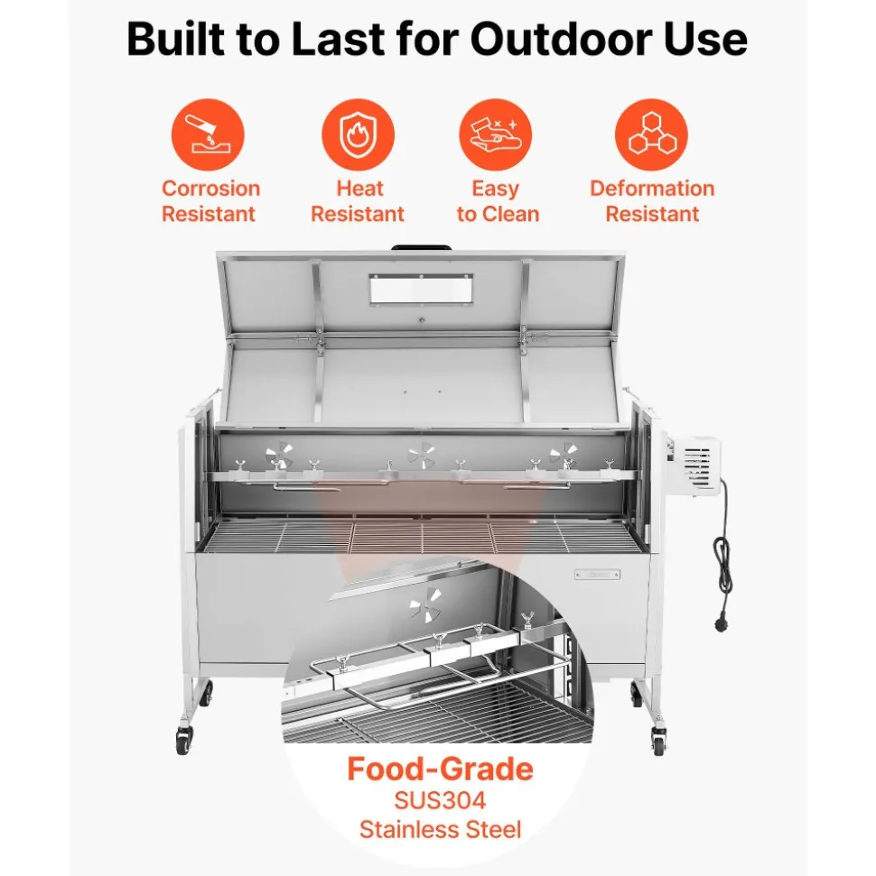 VEVOR Rotisserie Grill 38W BBQ Outdoor Pig & Lamb Spit Roaster, Charcoal Spit Roaster with 132 LBS Capacity, Wheels & 4-Level Height, Stainless Steel Rotisserie Grill Kit for Camping Outdoor Parties