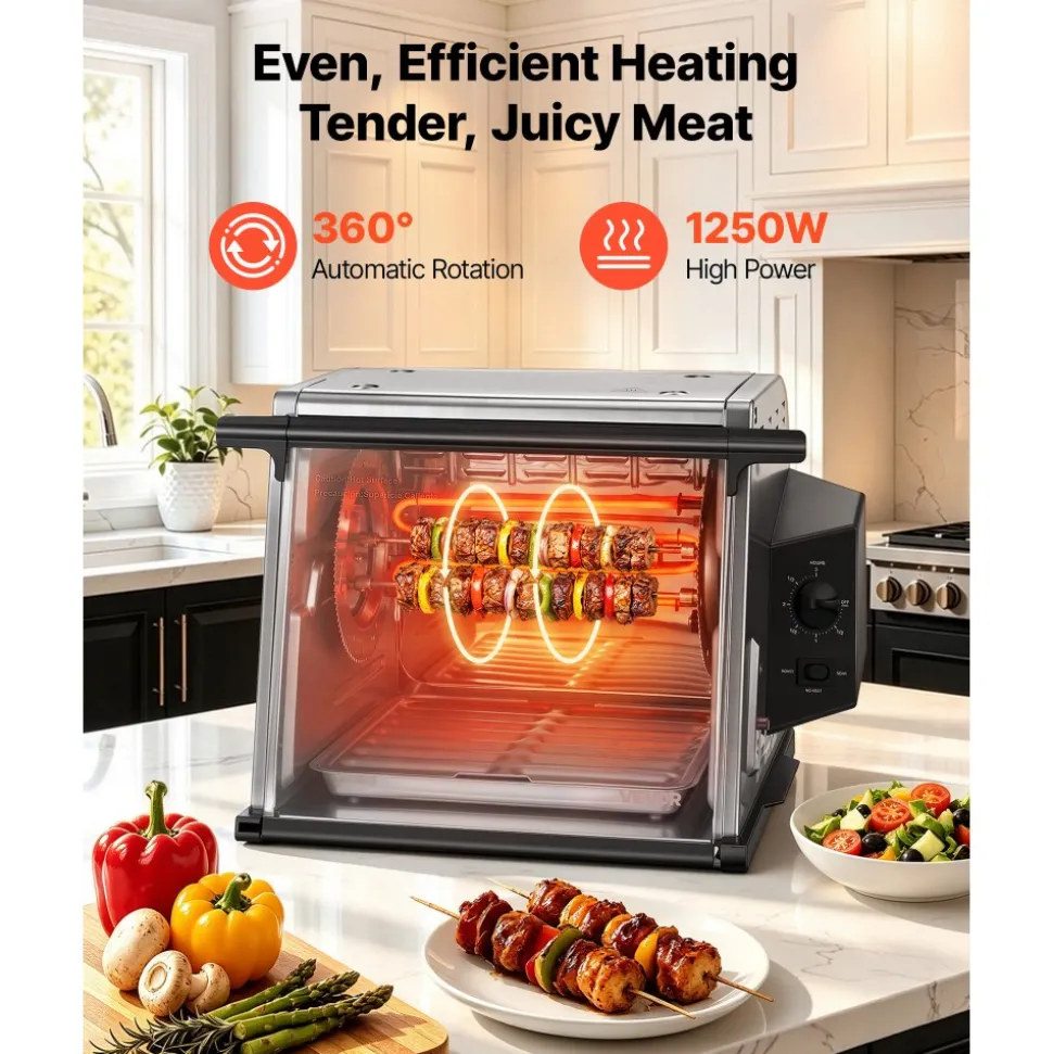 VEVOR Rotisserie Oven Large Capacity 12L Shawarma Grill Machine 1250W, for Chicken, Beef Ribs, Lamb Leg, Grilled Vegetables, Countertop Grill Roaster with Heat-Resistant Door and Timer Control